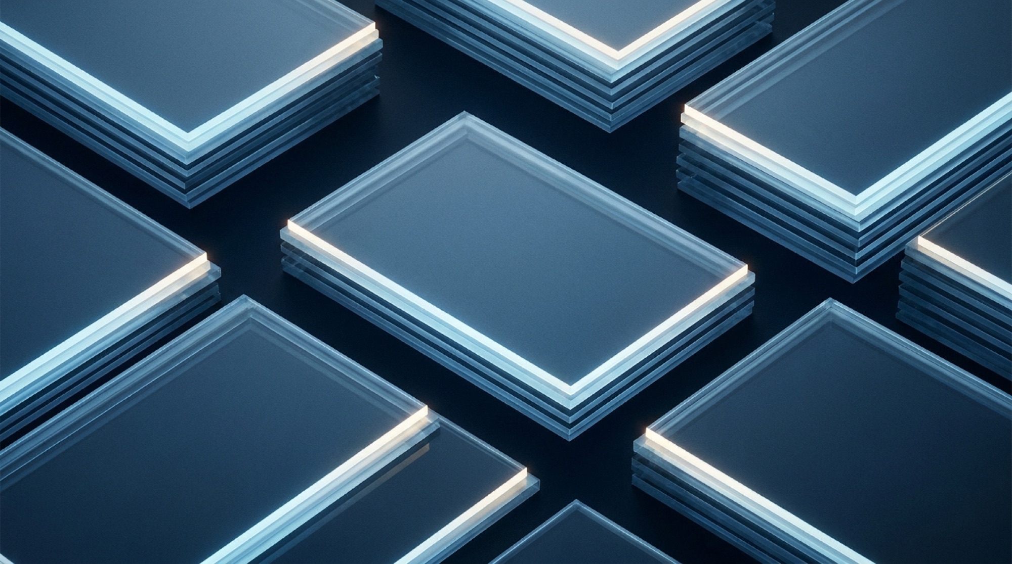 Layered translucent blue panels arranged in a precise grid